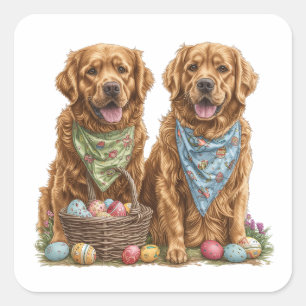 Pegatina Cuadrada La cesta de Pascua de los perros con el sistema de