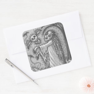 PEGATINA CUADRADA LA CHICA DE AMOR ENFERMA ZOMBIE SIGUIENDO SU CORAZ