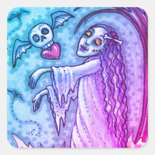 PEGATINA CUADRADA LA CHICA DE AMOR ENFERMA ZOMBIE SIGUIENDO SU CORAZ