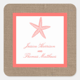 Pegatina Cuadrada La colección de bodas Coral Starfish Burlap Beach