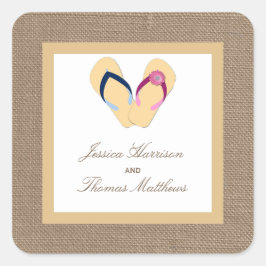 Pegatina Cuadrada La colección de Bodas Flip-Flop Sand Beach Burlap