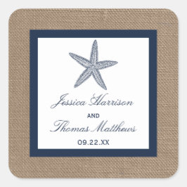 Pegatina Cuadrada La colección de bodas Starfish Burlap Beach de la 
