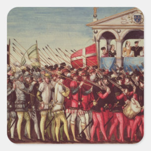 Pegatina Cuadrada La comitiva de baterías y de soldados