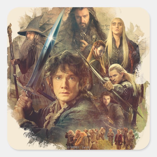 Pegatina Cuadrada La compañía y los elfos de Mirkwood (Anverso)