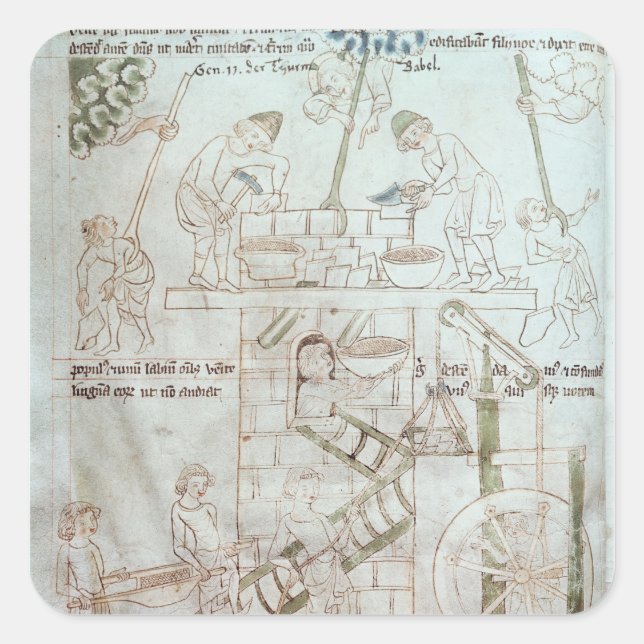 Pegatina Cuadrada La construcción de la Torre de Babel (Anverso)