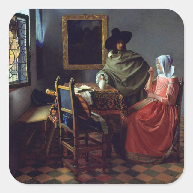 Pegatina Cuadrada La copa de vino de Johannes Vermeer (Anverso)