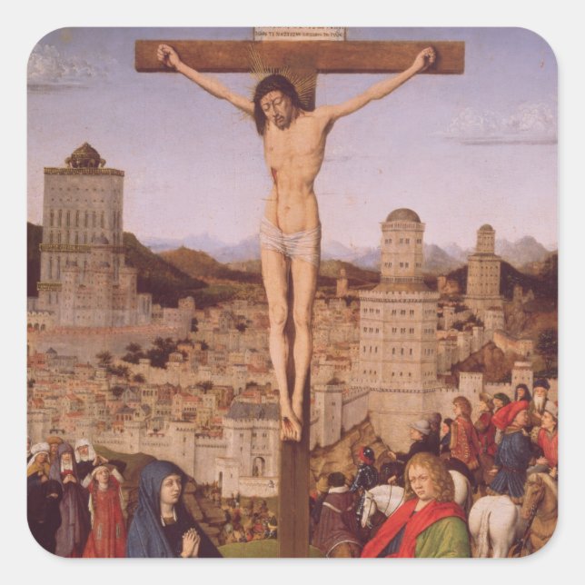 Pegatina Cuadrada La crucifixión (aceite en el panel) (Anverso)