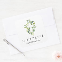 Pegatina Cuadrada La cruz religiosa el Dios Botánico Verde Bendición