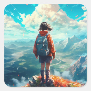 Pegatina Cuadrada La cumbre en su alma Anime Hiker Chica
