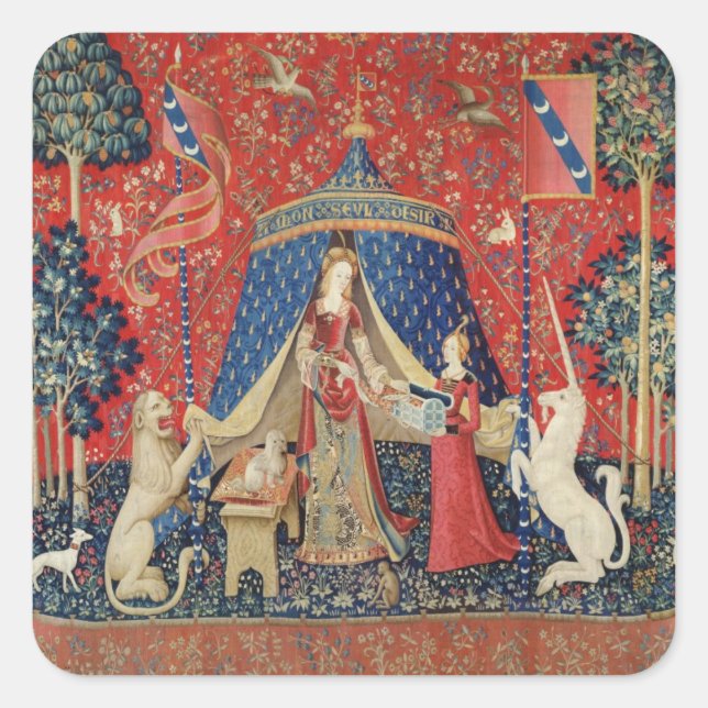 Pegatina Cuadrada La Dama y la Unicornio: 'A mi único deseo' (Anverso)
