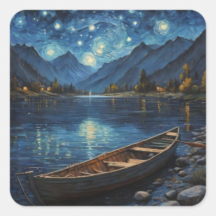Pegatina Cuadrada "La deriva estrellada: Pesca bajo el Cosmos