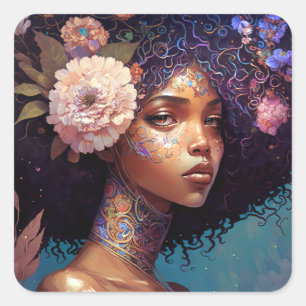 Pegatina Cuadrada La diosa negra afroamericana reina arte de fantasí