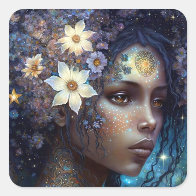 Pegatina Cuadrada La diosa negra afroamericana reina arte de fantasí (Anverso)