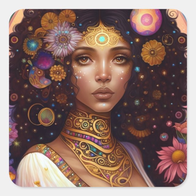 Pegatina Cuadrada La diosa negra afroamericana reina arte de fantasí (Anverso)