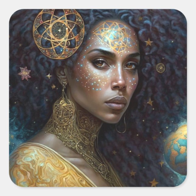 Pegatina Cuadrada La diosa negra afroamericana reina arte de fantasí (Anverso)