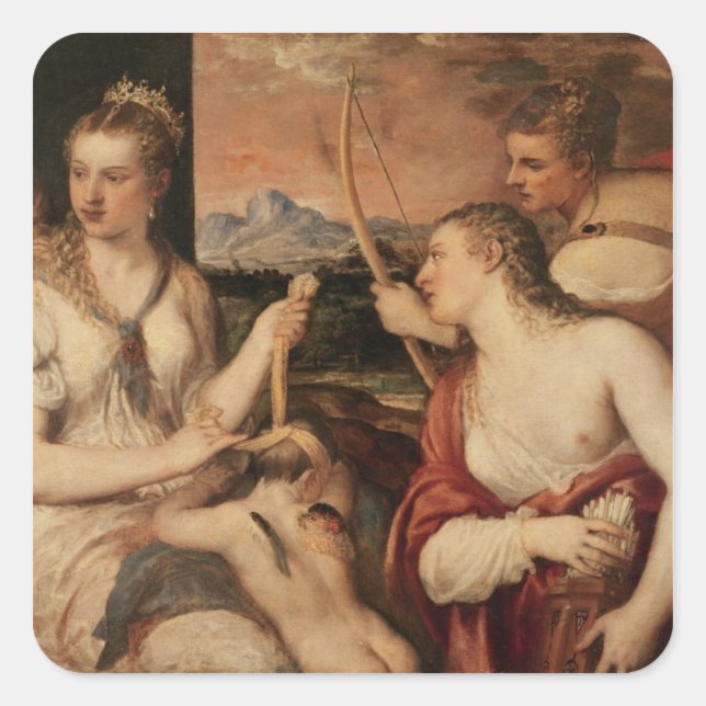 Pegatina Cuadrada La educación del cupido, c.1565 (Anverso)