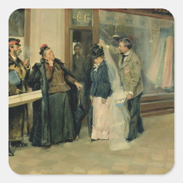 Pegatina Cuadrada La elección de los presentes matrimoniales, 1897-1 (Anverso)