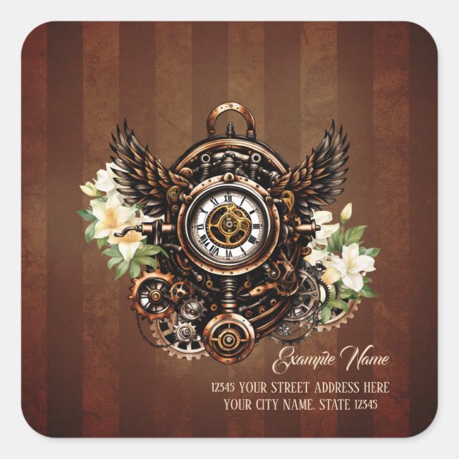 Pegatina Cuadrada La elegancia de la magia floral de Steampunk (Anverso)