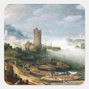 Pegatina Cuadrada La escena del río con una torre en ruinas