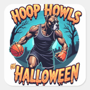 Pegatina Cuadrada La estreno del baloncesto de Pug en Halloween