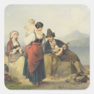 Pegatina Cuadrada La familia napolitana, 1865 (petróleo en el panel)