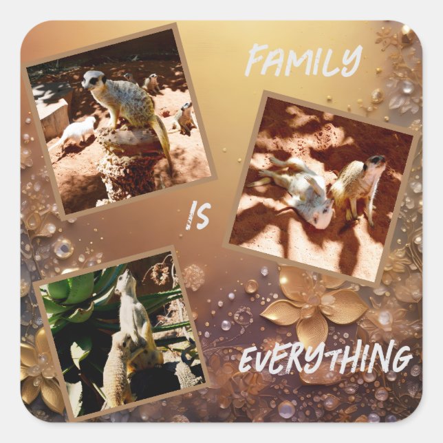 Pegatina Cuadrada La Familia Rosa De Meerkat De Oro Lo Es Todo, (Anverso)
