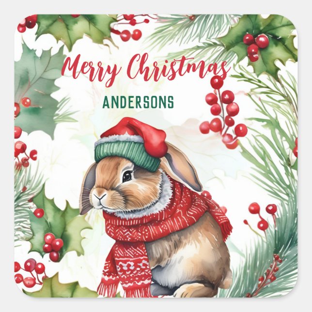 Pegatina Cuadrada La fiesta de cumpleaños de Cute Bunny Hare Santa N (Anverso)