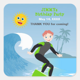 Pegatina Cuadrada La fiesta de cumpleaños del niño de Surf