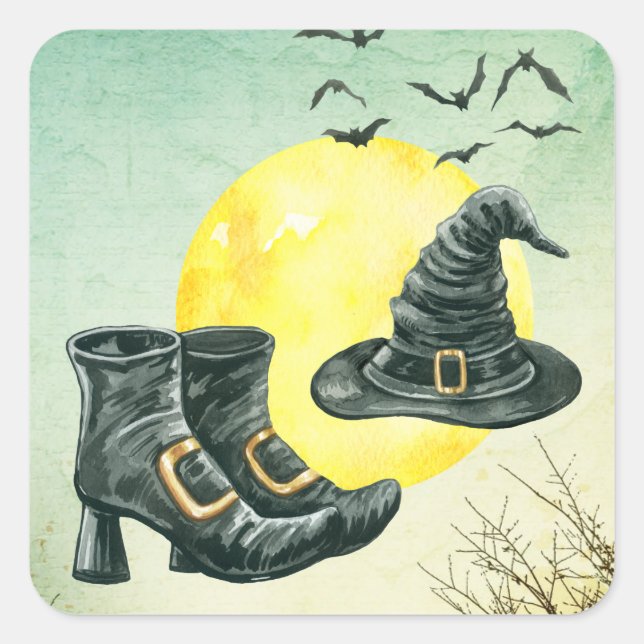 Pegatina Cuadrada La Fiesta De Halloween Muestra A Gorras Y Zapatos (Anverso)