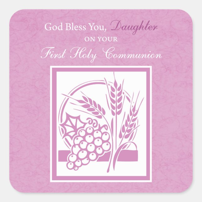 Pegatina Cuadrada La hija es la primera comunión, rosa (Anverso)