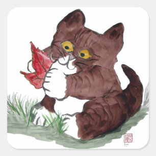 Pegatina Cuadrada La hoja roja I Gotcha, dice el gatito. Sumi-e
