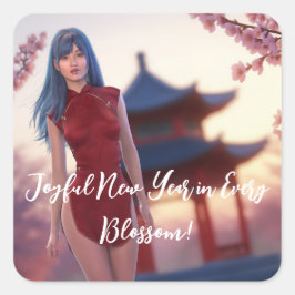 Pegatina Cuadrada La joven belleza de Cheongsam posando para el Año