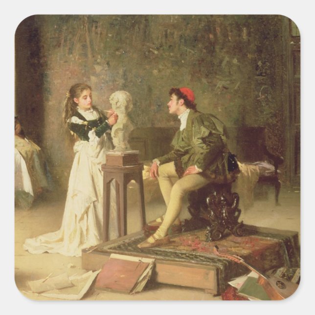 Pegatina Cuadrada La joven escultora (aceite sobre lienzo) (Anverso)