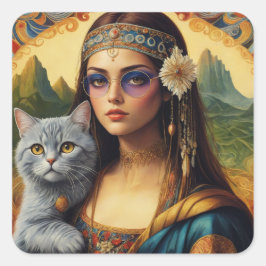 Pegatina Cuadrada La joven hippie Mona Lisa y su gato gris