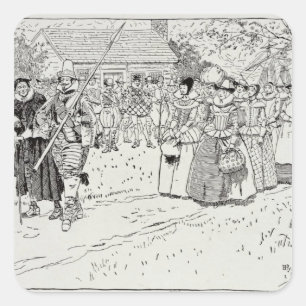 Pegatina Cuadrada La llegada de las mujeres jovenes en Jamestown
