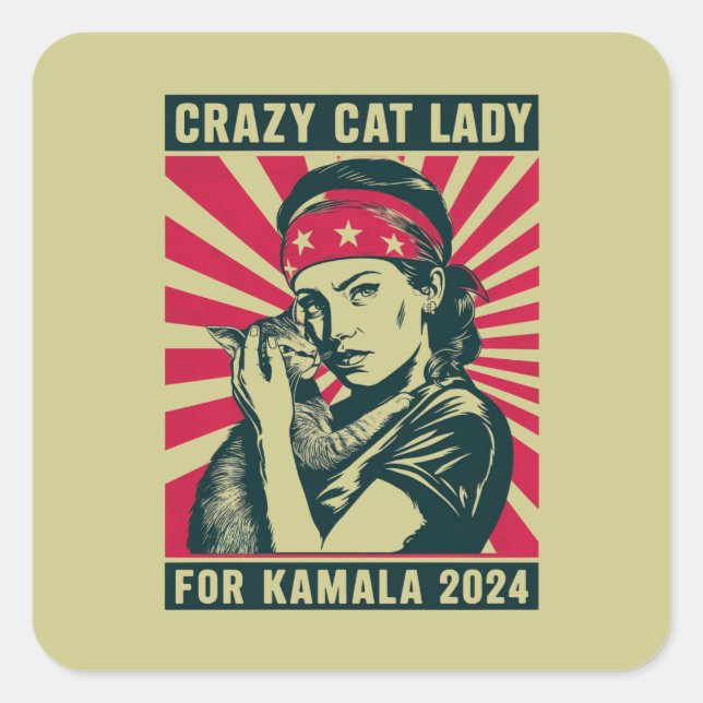 Pegatina Cuadrada La Loca Dama De Gato De Kamala 2024 (Anverso)