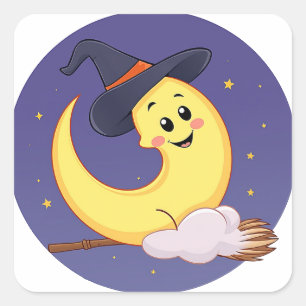 Pegatina Cuadrada La luna lleva gorra de brujas