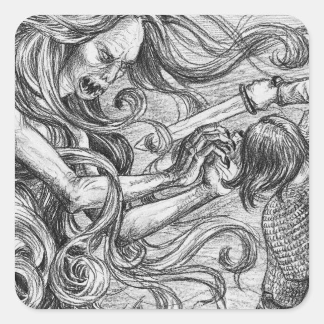 Pegatina Cuadrada La madre de Grendel en Beowulf (Anverso)