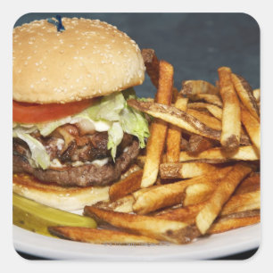 Pegatina Cuadrada la media hamburguesa doble grande de la libra frí