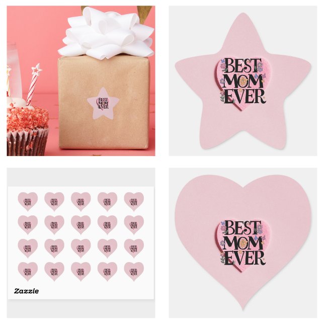 Pegatina Cuadrada La Mejor Madre Flores Y Corazón Rosa (Best Mom Ever Flowers And Pink Heart Square Sticker)