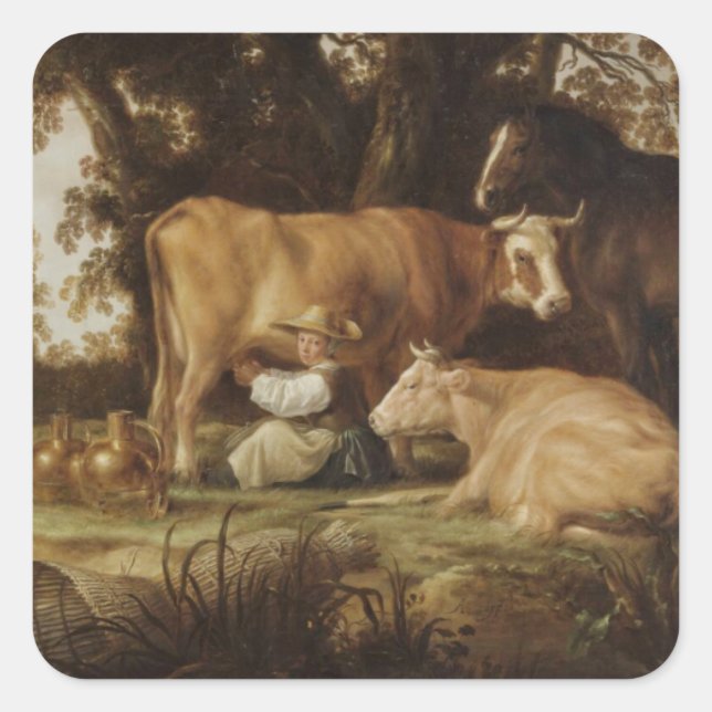 Pegatina Cuadrada La Milkmaid Aelbert Cuyp (Anverso)