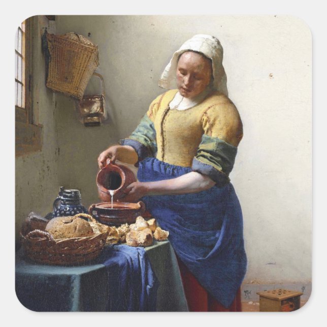 Pegatina Cuadrada La Milkmaid, c.1658-60 (aceite sobre lienzo) (Anverso)
