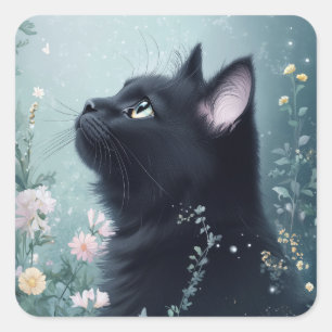 Pegatina Cuadrada La mirada de medianoche de un gato negro