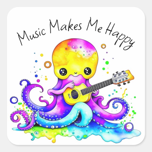 Pegatina Cuadrada La música me hace feliz | Octopus Tocando Guitarra (Anverso)