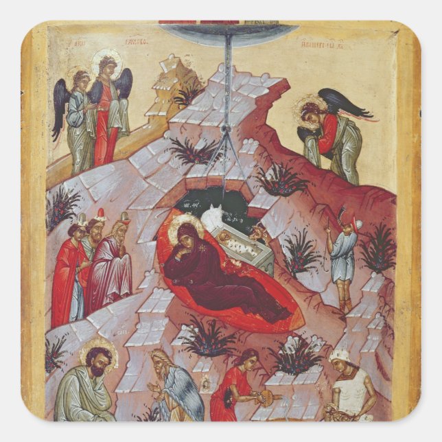 Pegatina Cuadrada La Natividad, icono ruso, siglo XVI (Anverso)
