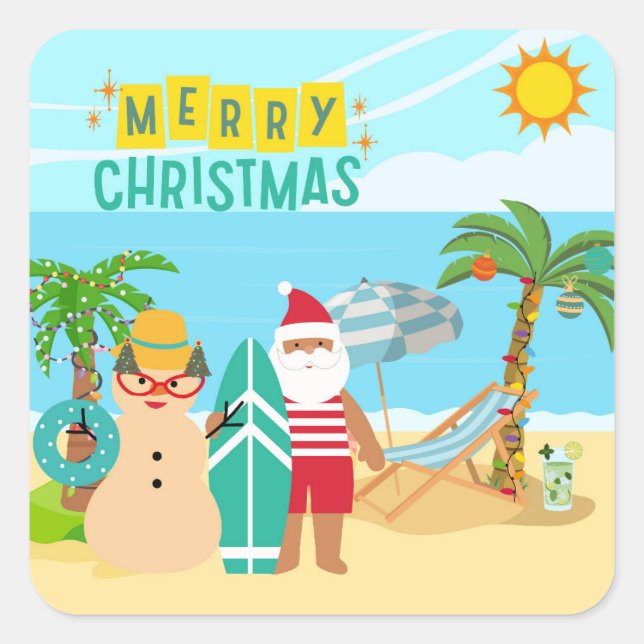 Pegatina Cuadrada La Navidad de la playa de Santa (Anverso)