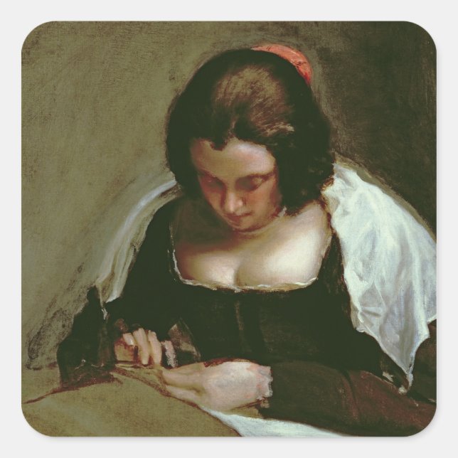 Pegatina Cuadrada La Needlewoman, c.1640-50 (Anverso)