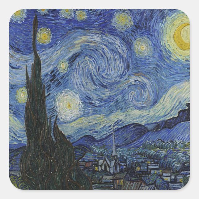 Pegatina Cuadrada La noche estrellada de Van Gogh (Anverso)