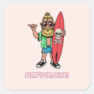 Pegatina Cuadrada ¡La Ola Está Alta, Tío! Surfista de Dibujos Animad