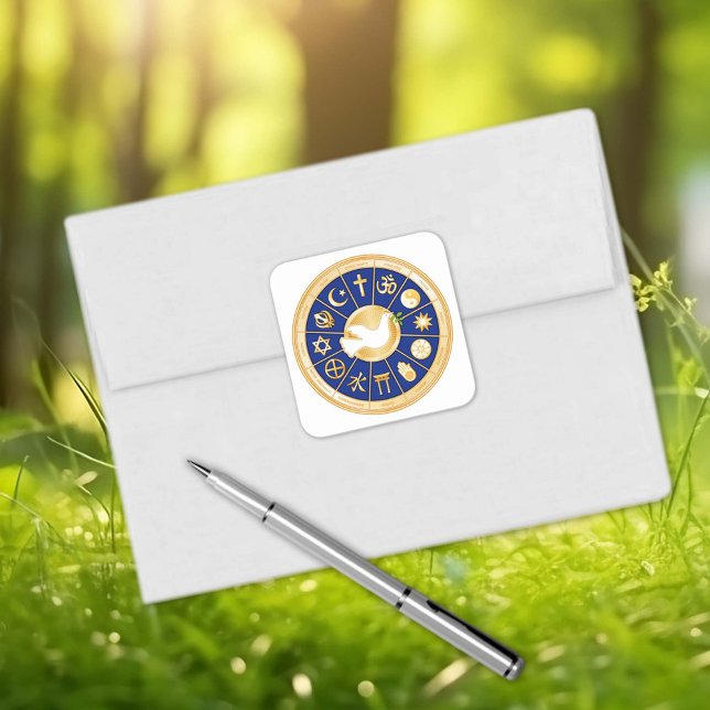 Pegatina Cuadrada La paloma de la paz (Dove of Peace Square Sticker.
Gold icons of world faiths.)